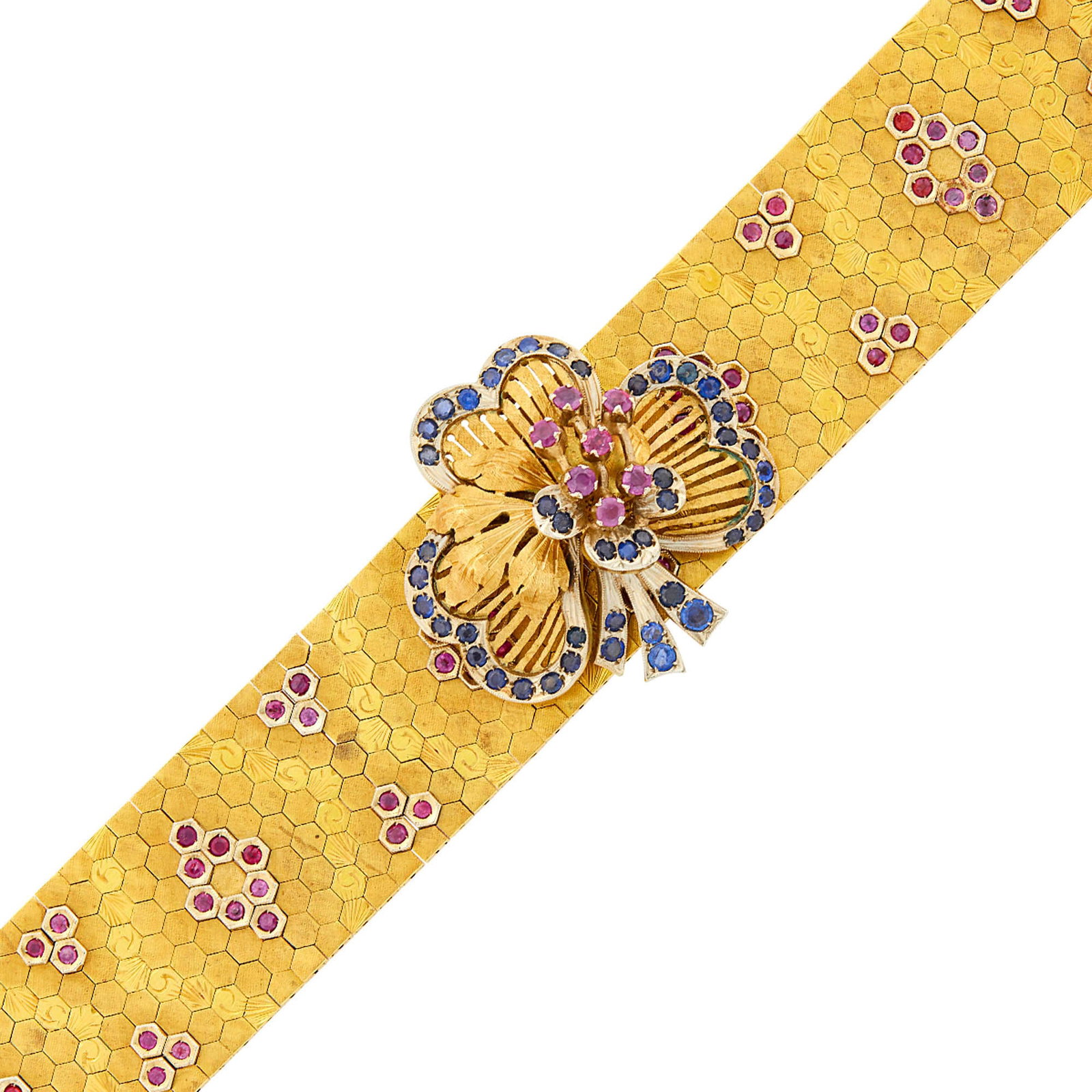 Gold, Ruby and Sapphire Brooch/Bracelet Combination: 18 kt., round rubies and sapphires, with Italian assay mark, brooch detachable, possibly added later, ap. 59.8 dwts. Length 7 5/16 inches.