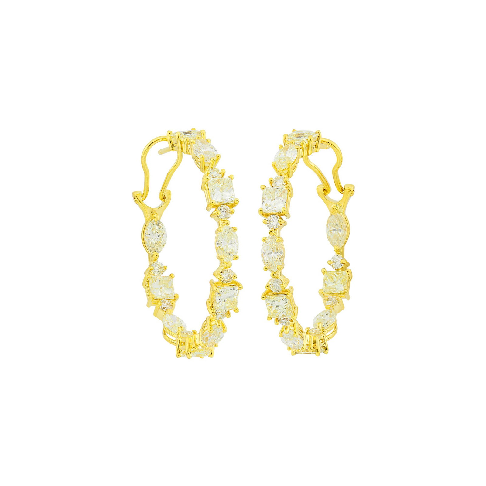 Pair of Gold and Colored Diamond Hoop Earrings: 18 kt., 10 square modified brilliant, 10 marquise-shaped and 18 round light yellow diamonds ap. 8.75 cts., ap. 7 dwts. The colored diamonds have not been tested.Diamonds: faint to light yellow-VS-SI. 