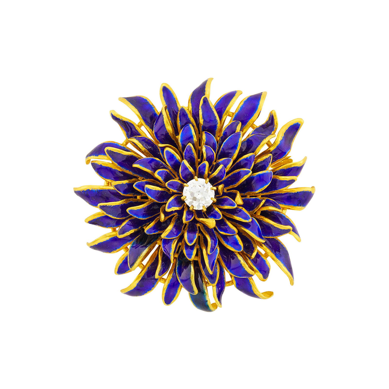 Gold, Blue Enamel and Diamond Flower Pendant-Brooch (1 of 1)