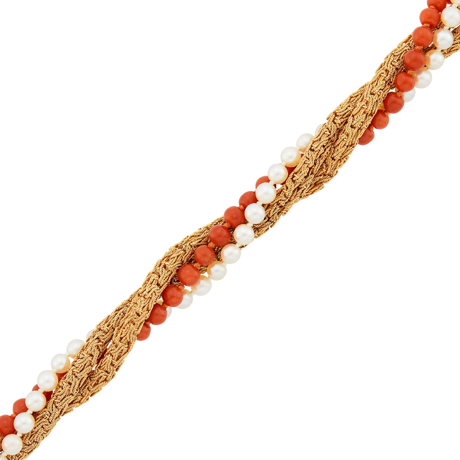 Van Cleef & Arpels Triple Strand Gold Mesh, Cultured Pearl and Coral Bead Bracelet, France (1 of 2)