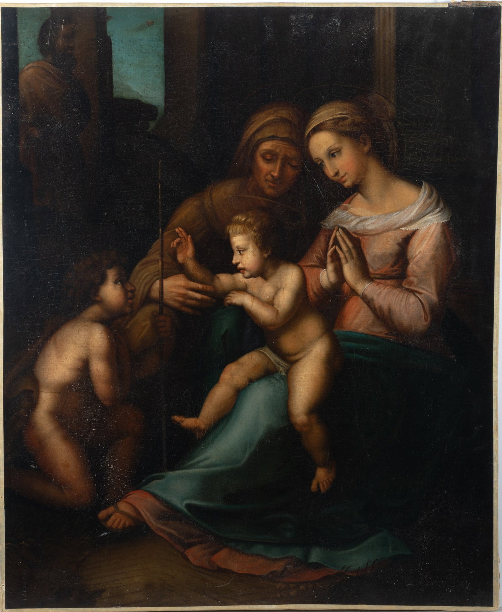 After Raphael Sanzio: 19th Century The Madonna and Child with the Infant St. John the Baptist and St. Elizabeth Oil on canvas 29 3/4 x 24 3/4 inches (75.5 x 62.8 cm) Unframed