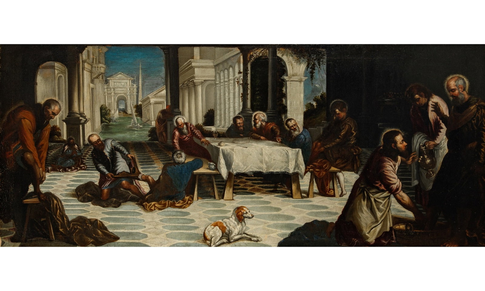 Follower of Jacopo Tintoretto: Christ Washing the Feet of His Disciples Oil on canvas 20 3/8 x 47 3/8 inches (51.7 x 121.2 cm) Frame 26 3/4 x 54 5/8 inches (68 x 138.8 cm) Provenance: [Sale] Sotheby's London, October 30, 2008, lot