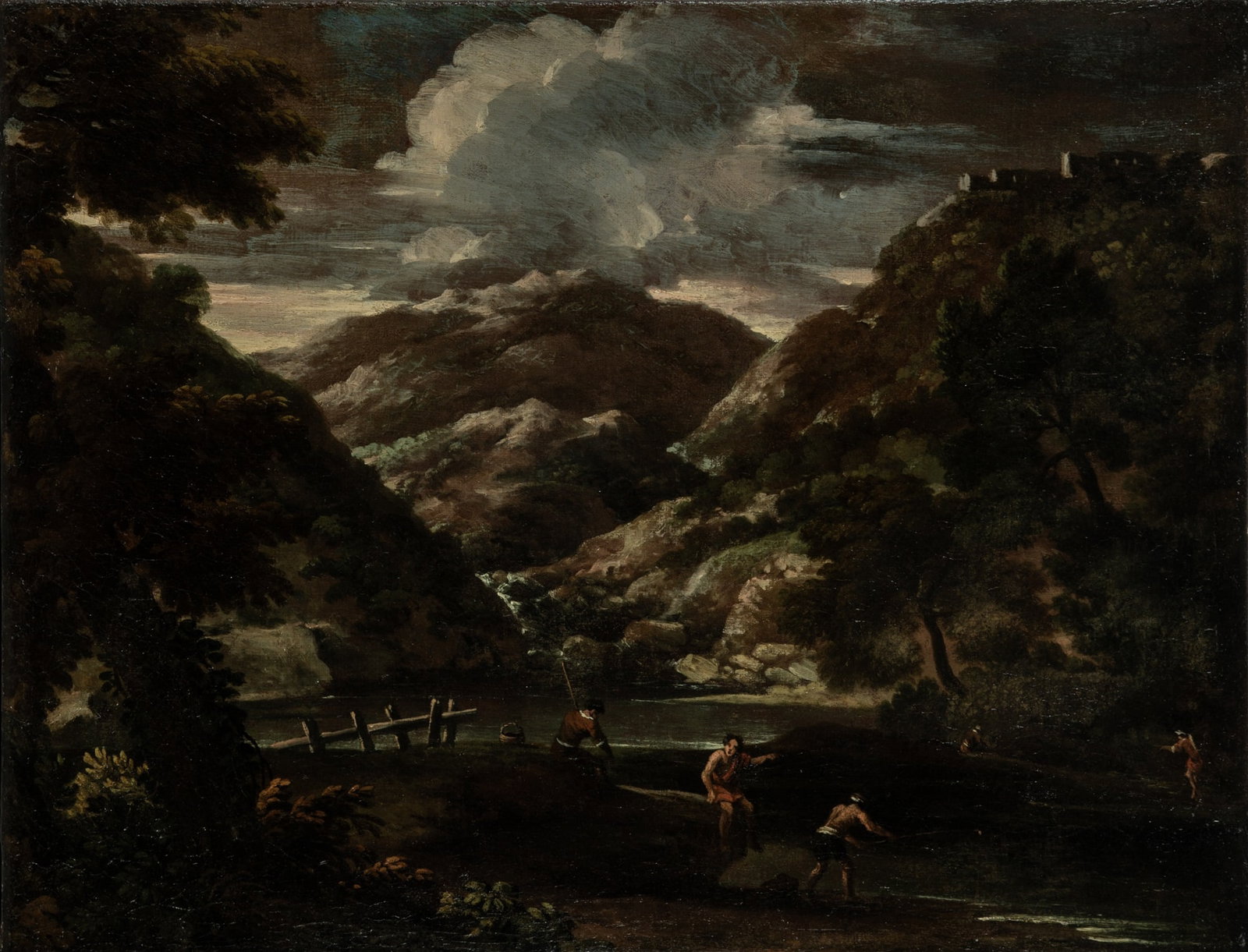 Italian School: 16th Century A Mountainous Landscape with Anglers beside a Lake Oil on canvas 17 1/8 x 22 inches (43.5 x 56 cm) Unframed