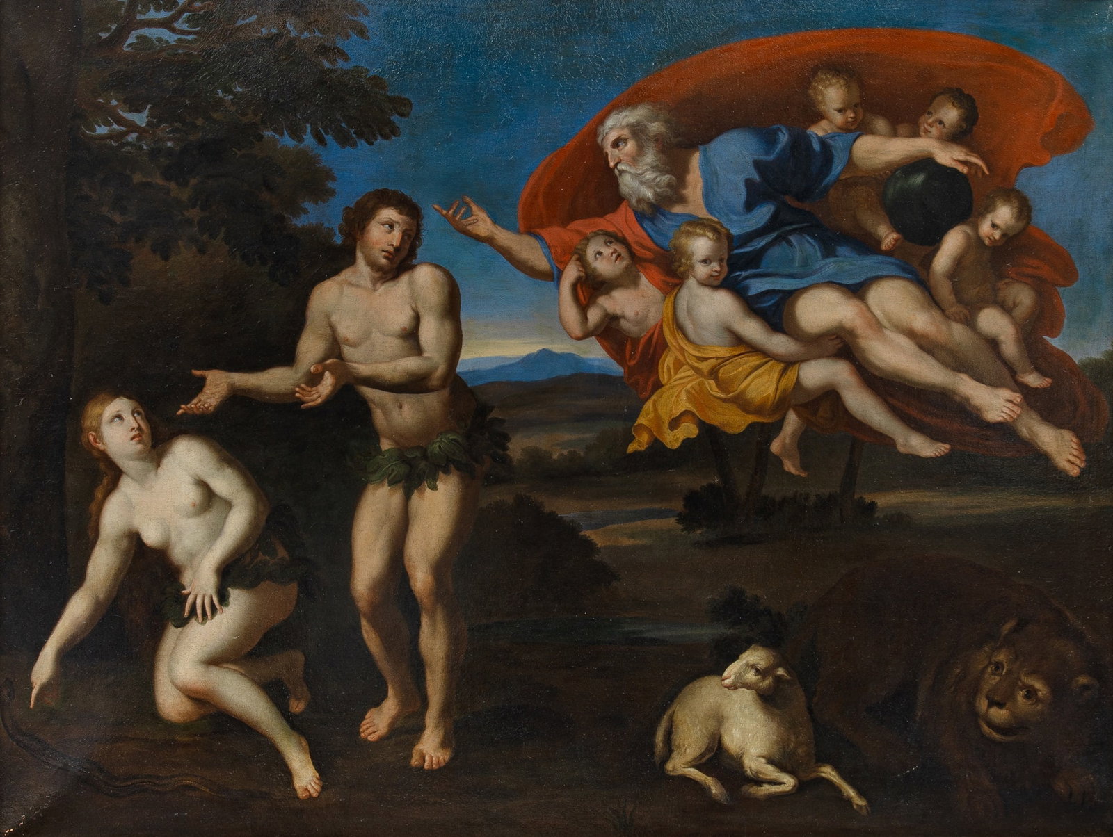 After Domenico Zampieri, called Il Domenichino: The Expulsion of Adam and Eve from the Garden of Eden Oil on canvas 38½ x 50¼ inches (97.9 x 127.6 cm) Frame 44 3/4 x 56 5/8 inches (113.7 x 144.5 cm) <