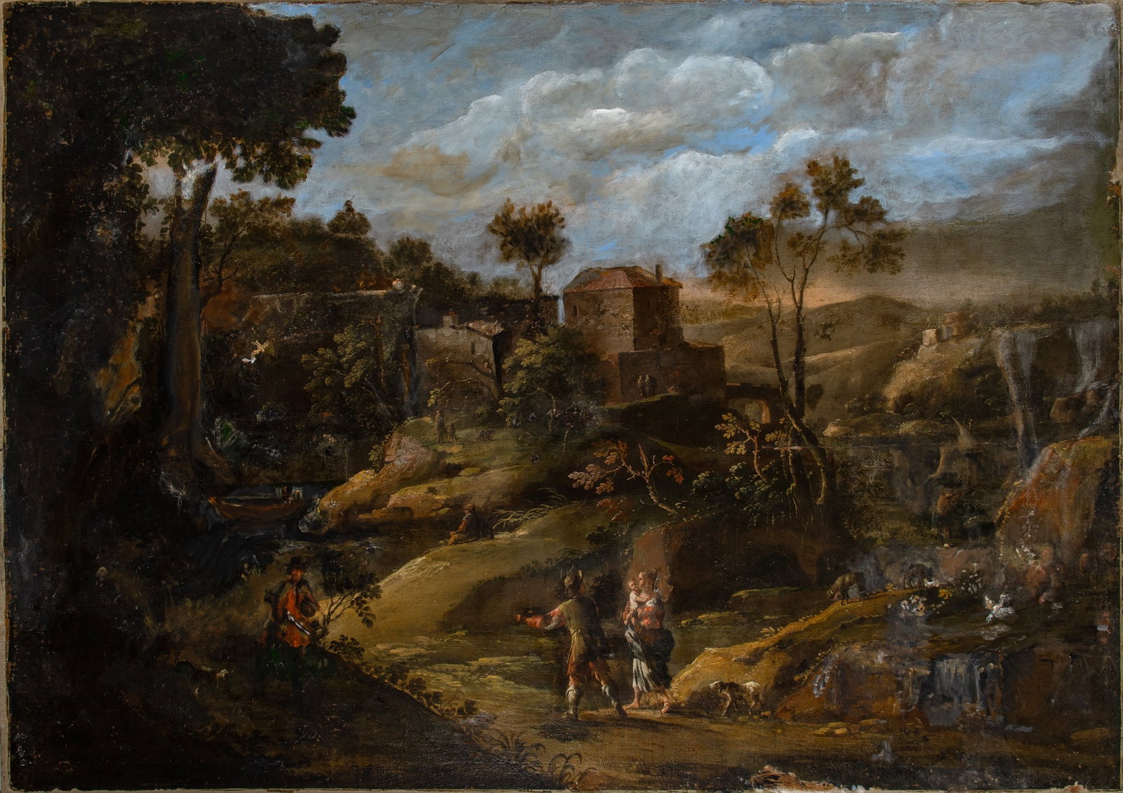Attributed to Gaspard Dughet: Travelers on a Road in an Italian Landscape, a Town in the Middle Distance Oil on canvas 49 x 69 inches (124.5 x 175.3 cm) Unframed