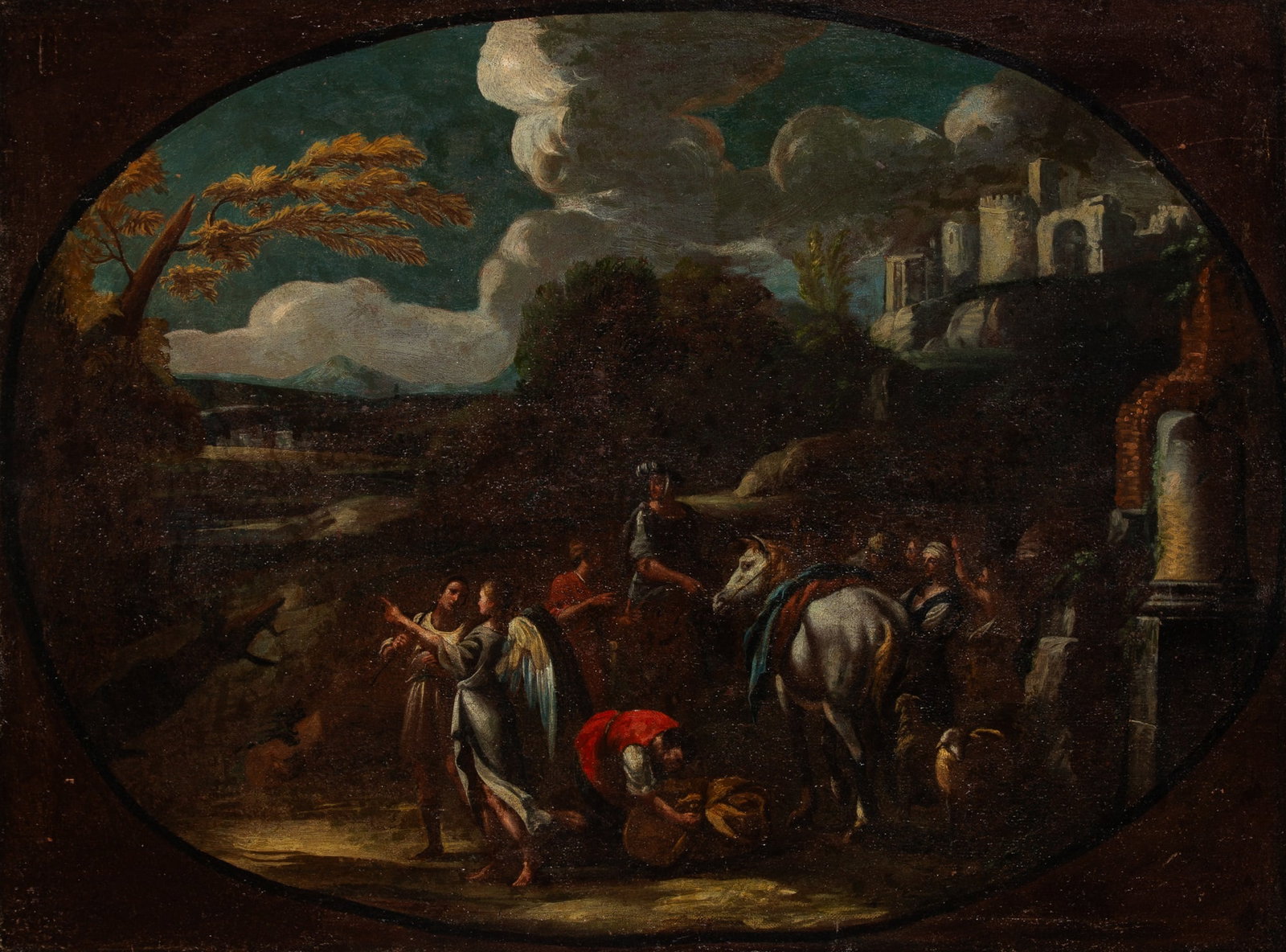 School of Bernardo Cavallino: School of Bernardo Cavallino Tobias and the Angel Raphael on the Road Oil on canvas, within a painted oval 27 1/4 x 36 1/4 inches (69.3 x 91.5 cm) Frame 34 1/8 x 43 1/2 inches (86.5 x 110.5 cm)