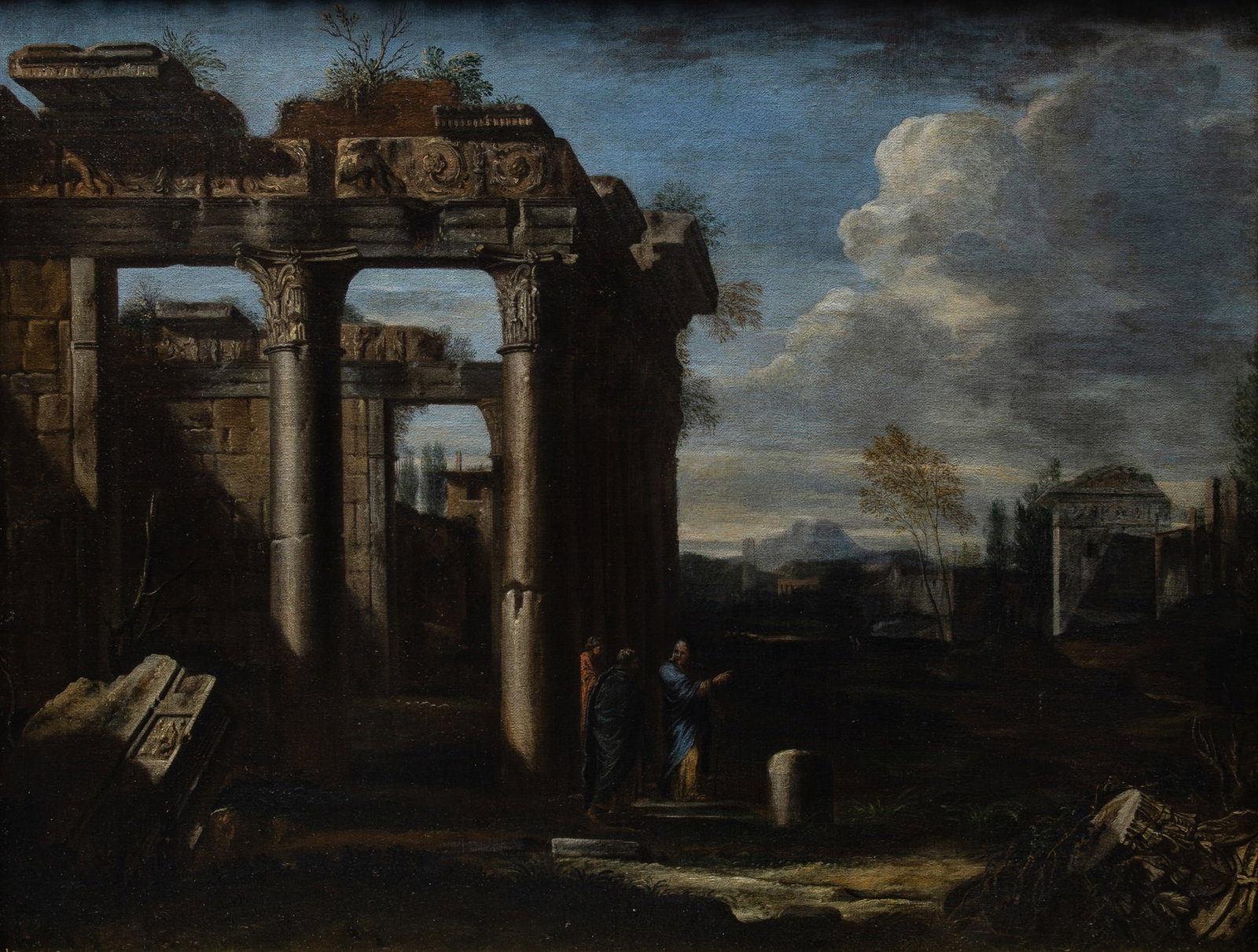 Italian School: 17th Century Landscape with Figures Among Roman Ruins Bears added signature Domenico Roberti (ll) followed by the incription Tempora mutantur et . . . [the rest illegible], probably referencing the