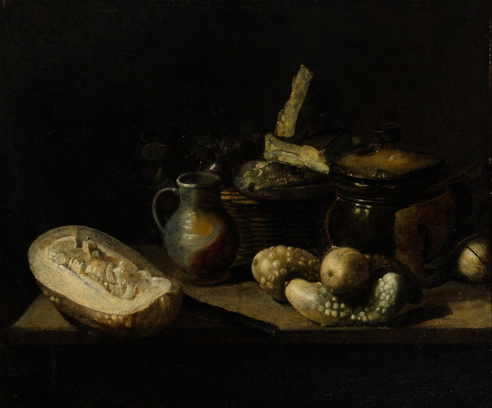 Spanish School: 17th Century Still Life with Squash, Gourds, and Stoneware,with a Basket of Fruit and Cheese Oil on canvas 20 ½ x 24 ½ inches (52.1 x 62.2 cm) Frame 25 7/8 x 29 1/2 inches (65.8 x 75 cm)