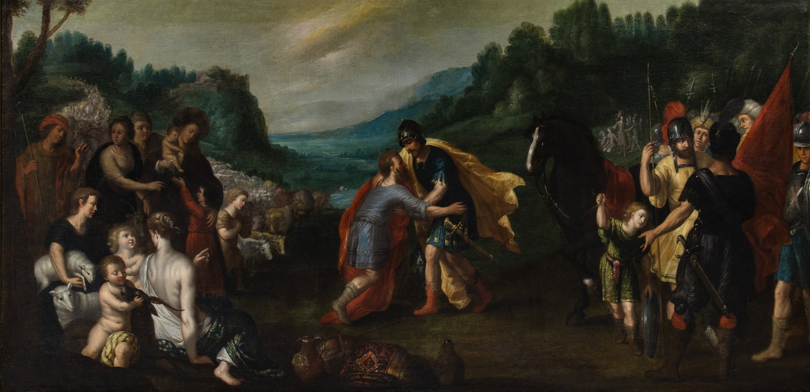 Follower of Jan Brueghel the Younger and Hendrick van Balen the Elder: The Reconciliation of Jacob and Esau Oil on canvas 35 ½ x 69 inches (90.2 x 175.4 cm) Frame 40 x 75 inches (101.5 x 190.5 cm)