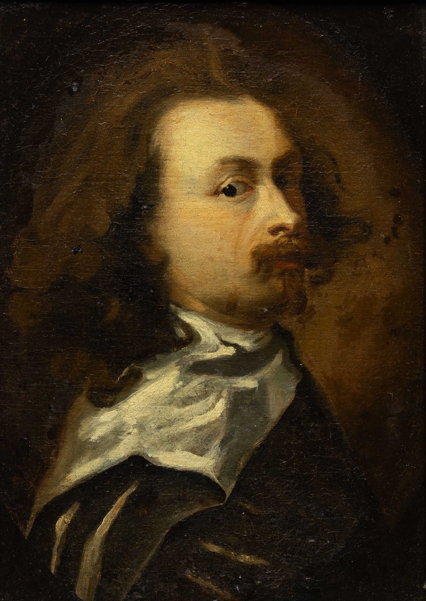 School of Sir Anthony Van Dyck: A Self-Portrait of the Artist Oil on canvas, within a painted oval 21 1/2 x 15 5/8 inches (54.6 x 39.7 cm) Frame 27 1/2 x 21 1/2 inches (70 x 54.6 cm) The original version of this work, the last
