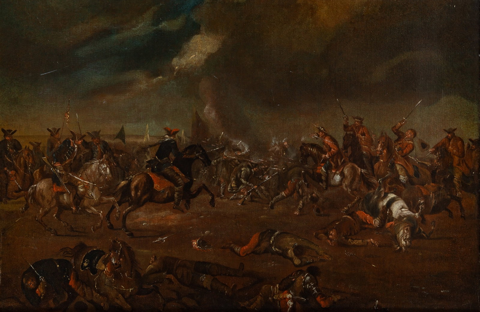 Flemish School: 17th Century Battle Scene Oil on canvas 23 1/2 x 32 3/8 inches (59.8 x 82.3 cm) Frame 28 1/2 x 39 1/2 inches (72.5 x 100.4 cm)