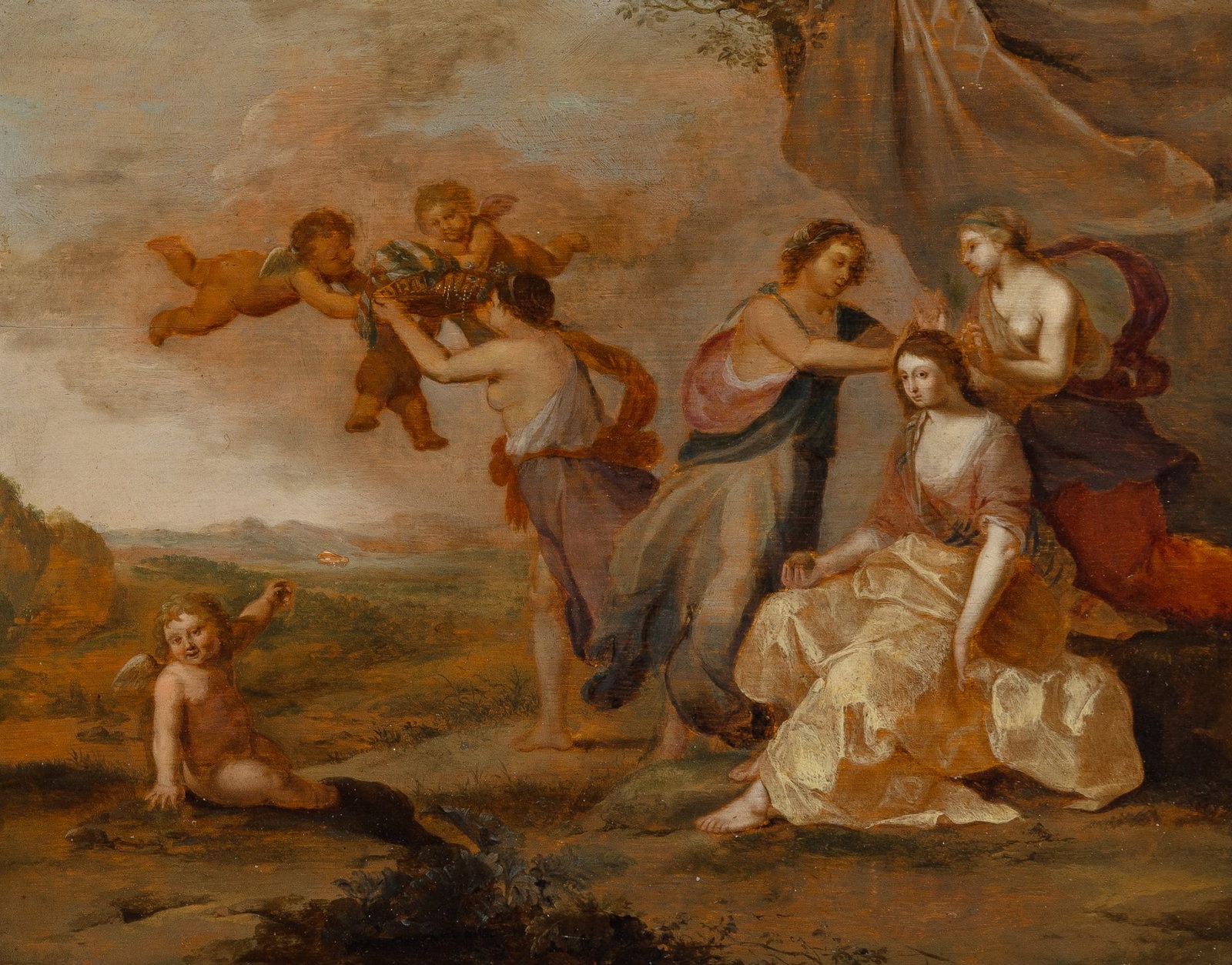 Jan van der Lijs: Dutch, 1600-1657 The Toilet of Venus Oil on panel 11 1/2 x 14 1/2 inches (29.3 x 36.9 cm) Frame 17 1/2 x 20 5/8 inches (44.5 x 52.8 cm)