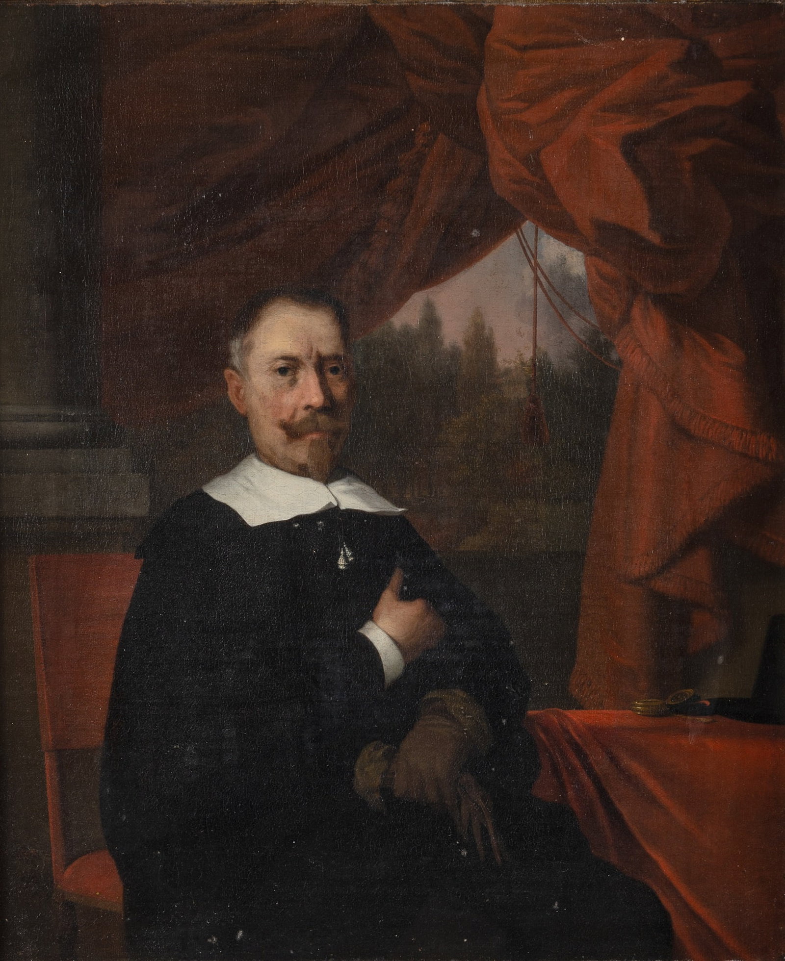 Jan de Baen: Dutch, 1633-1702 A Gentleman Seated in a Palace Interior overlooking a Wooded Landscape Oil on Canvas 19 1/2 x16 1/2 inches (49.5 x 42 cm) Frame 27 1/2 x 24 1/2 inches (69.8 x 62.3 cm) Provenance: