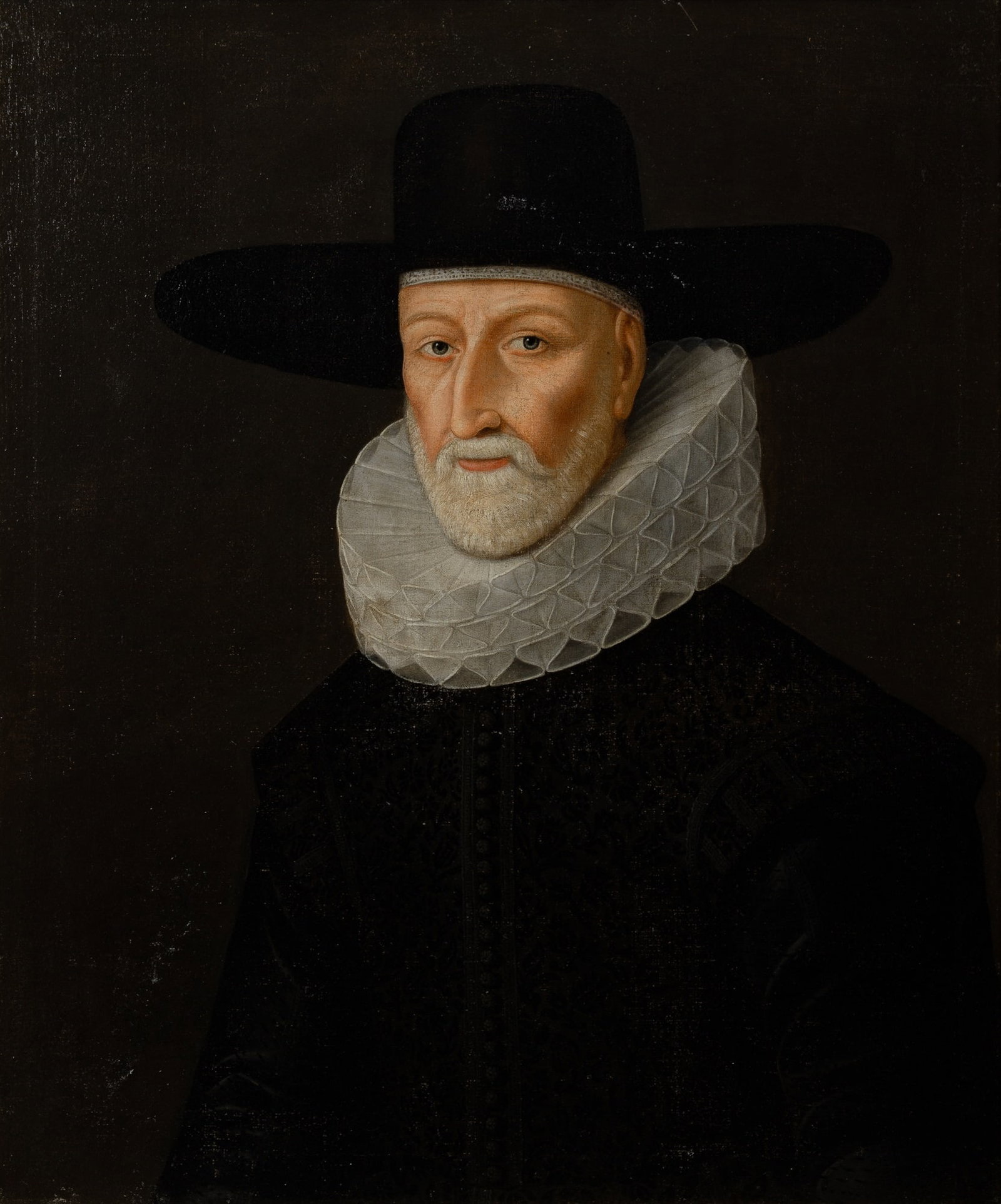 Dutch School: 19th Century Portrait of a Gentleman Wearing a Millstone Ruff Oil on canvas 23 x 28 1/2 inches (58.4 x 72.5 cm) Frame 33 x 28 1/4 inches (83.8 x 71.7 cm)
