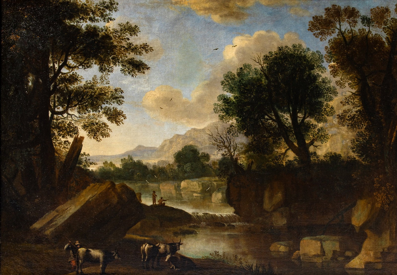 Follower of Herman van Swanevelt: An Italianate Wooded River Landscape with a Drover and his Cattle on a Track Oil on canvas 36 3/8 x 51¾ in. (92.3 x 131.5 cm.) Frame 45 3/4 x 67 1/2 inches (116.4 x 171.5 cm) Provenance: [Sale]