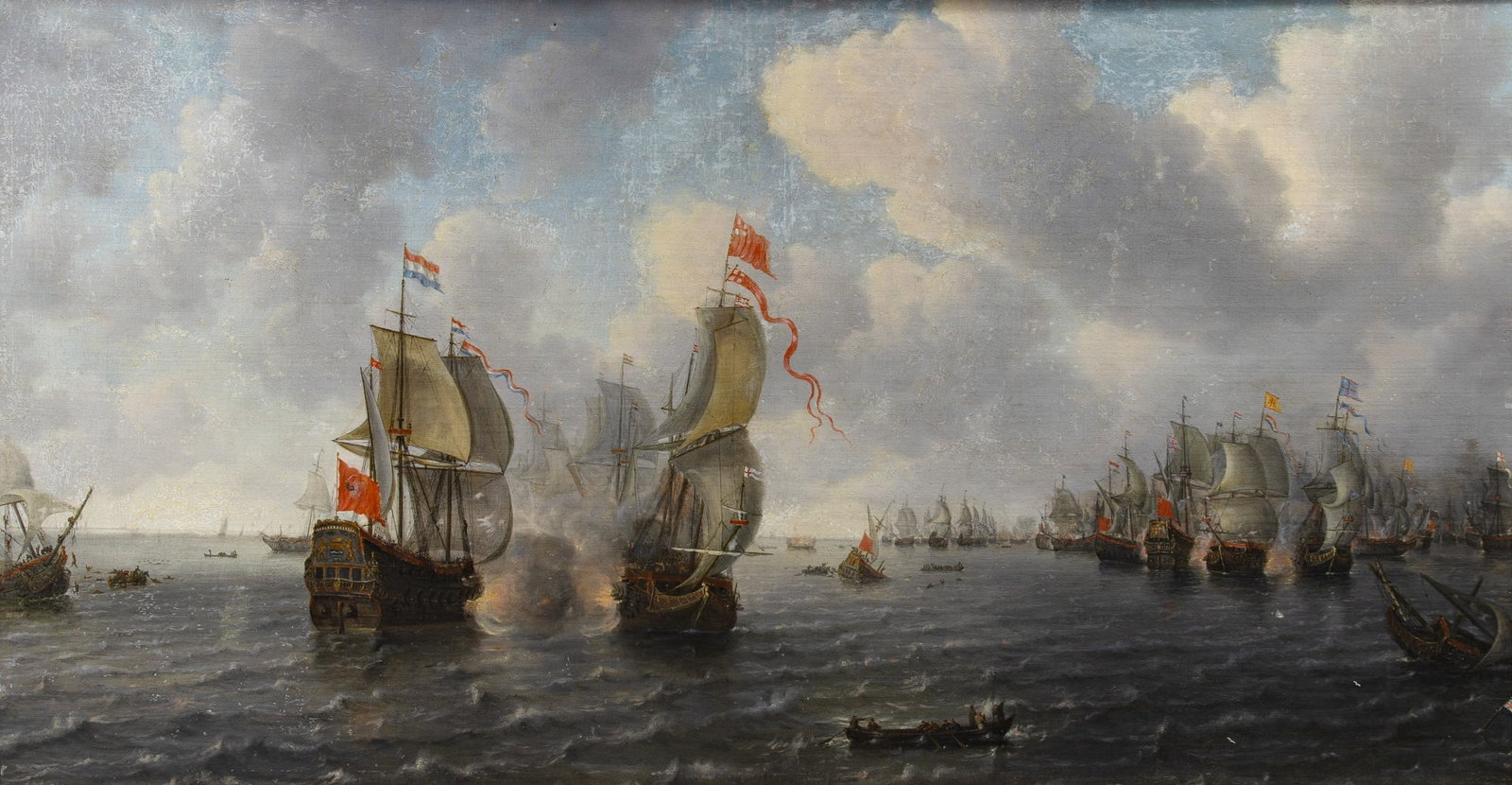 Dutch School: 17th Century A Naval Battle between British and Dutch Fleets Signed W V NEST and dated 1653 (lc) on the rowboat Oil on canvas 33 x 63 inches (83.8 x 160 cm) Frame 40 1/4 x 69 1/2 inches (102.3 x