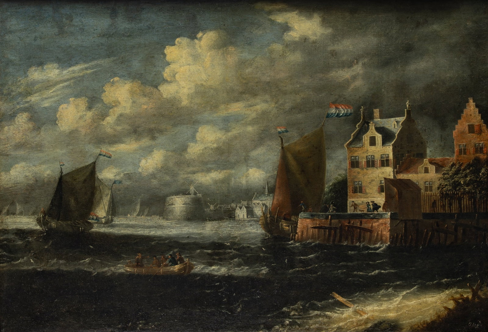Dutch School: 18th Century A North Sea Harbor with a Storm Rolling In Inscribed BMX (lr) Oil on canvas 32 1/4 x 46 3/4 inches (82 x 118.8 cm) Frame 36 1/8 x 51 inches (92 x 129.7 cm)