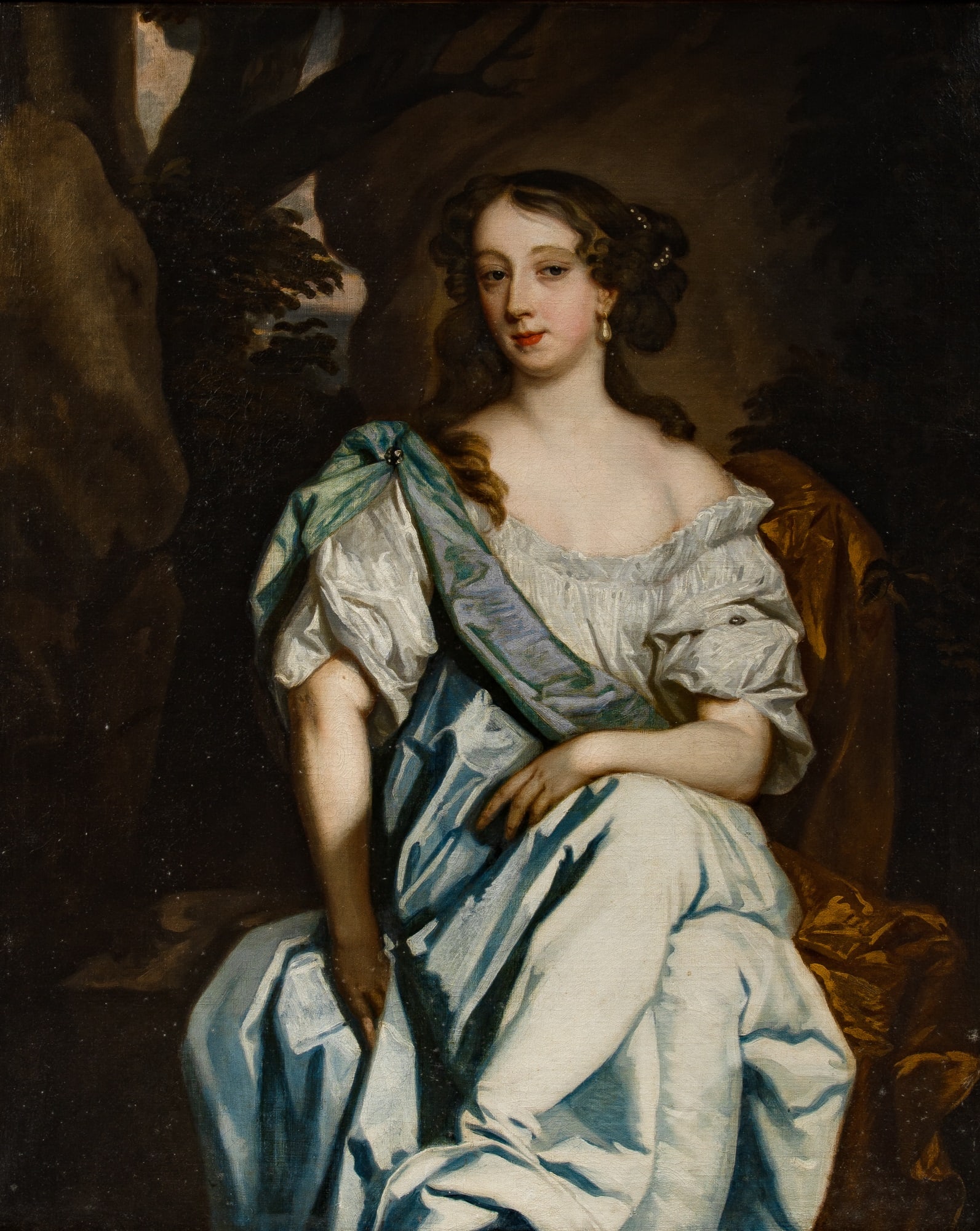 School of Sir Peter Lely: Portrait of Barbara Villiers, Duchess of Cleveland and Countess of Castlemaine (1640-1709) Oil on canvas 48 x 39 1/8 inches (122 x 98.4 cm) Frame 57 1/2 x 49 1/8 inches (146.2 x 124.8 cm) Provenance: