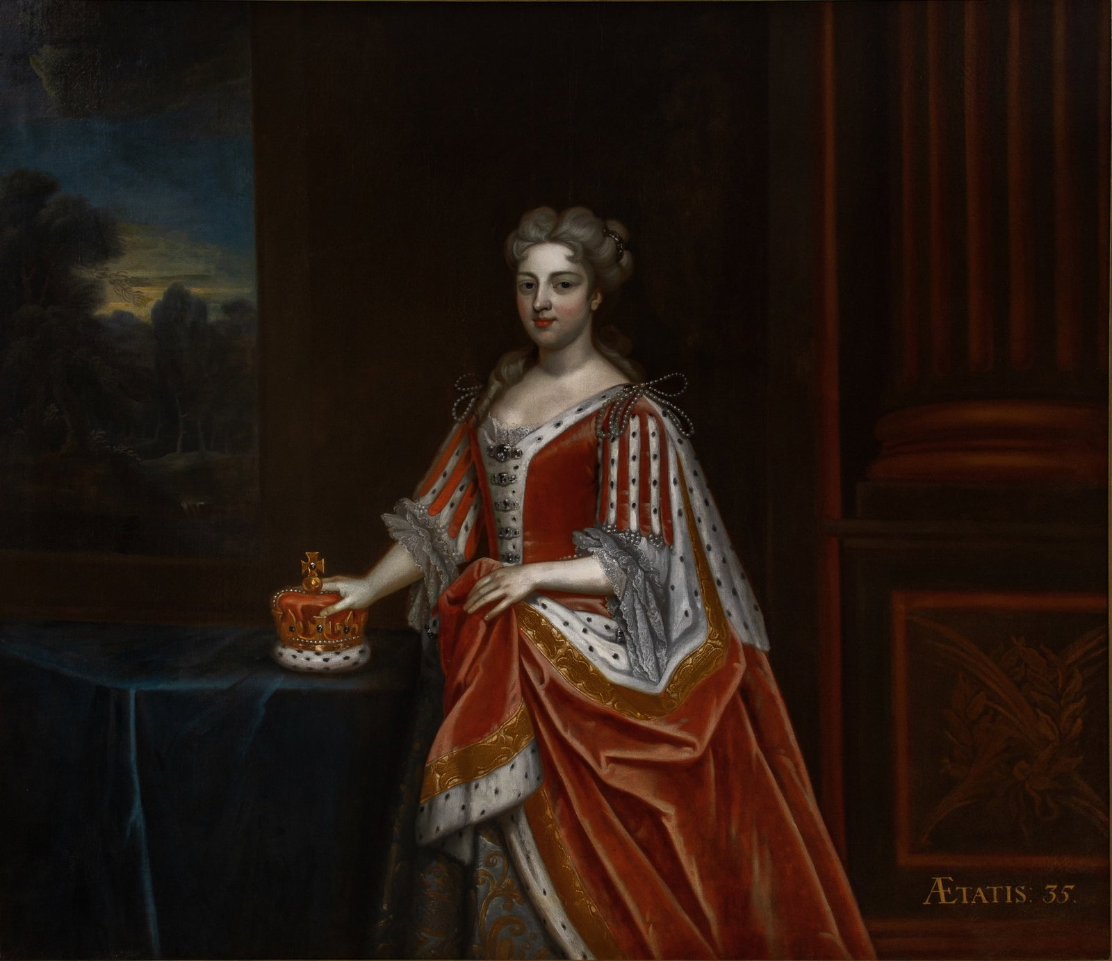 Circle of Sir Godfrey Kneller: Portrait of Caroline of Brandenburg-Ansbach, Queen Consort of George II of England, when Princess of Wales Oil on canvas 65 3/4 x 76 1/2 inches (167 x 194 cm) Frame 79 x 84 inches (200.7 x 213.4 cm)