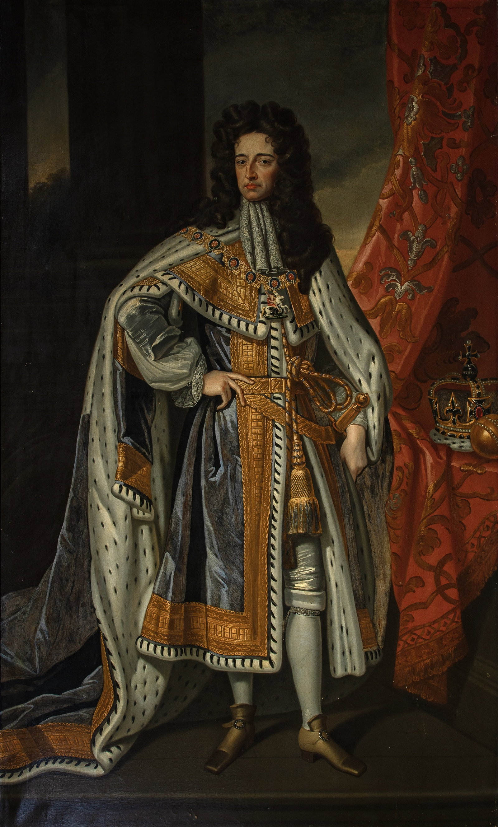 School of Sir Godfrey Kneller: Portrait of King William III of England, Full Length, in Robes of State Oil on canvas 95 3/8 x 52 1/4 inches (242. x 132.8 cm) Frame 102 x 63 3/4 inches (259 x 162 cm)