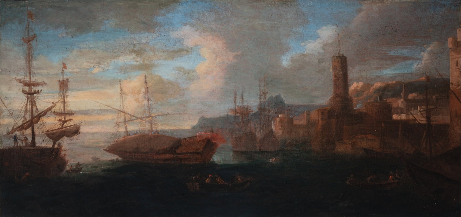 Dutch School: 17th-18th Century Ships and Smaller Vessels in a Seaport Oil on canvas 24 x 49 inches (61 x 124.5 cm) Frame 29 1/2 x 55 inches (75 x 139.9 cm)