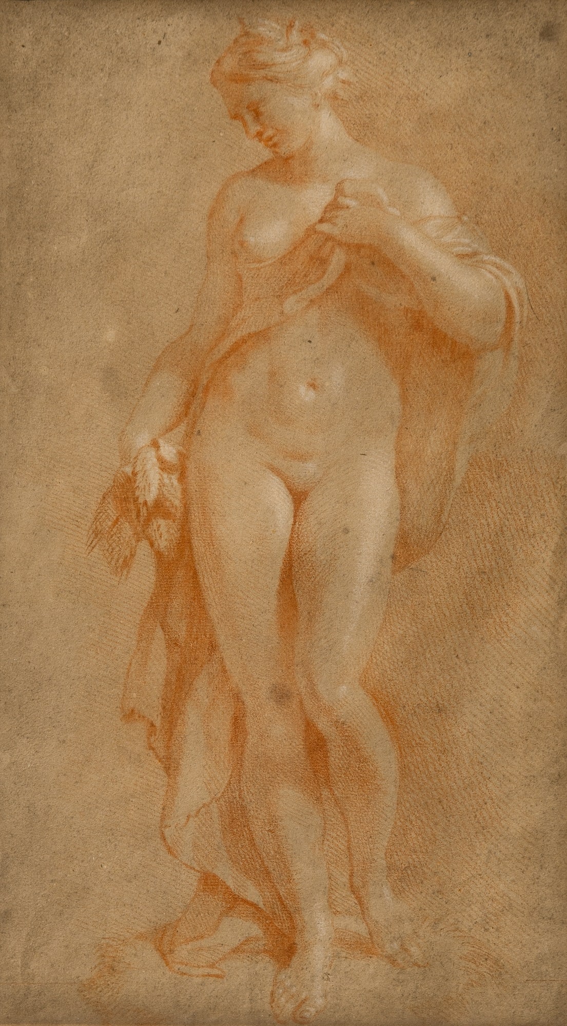 Edmé Bouchardon: French, 1698-1762 Ceres, Holding Ears of Grain Inscribed J. de Witt (ll, hidden by the mat) Red and white chalk on tan paper 15 3/4 x 8 3/4 inches (40 x 22 cm) Frame 22 1/4 x 16 1/4 inches (56.5 x