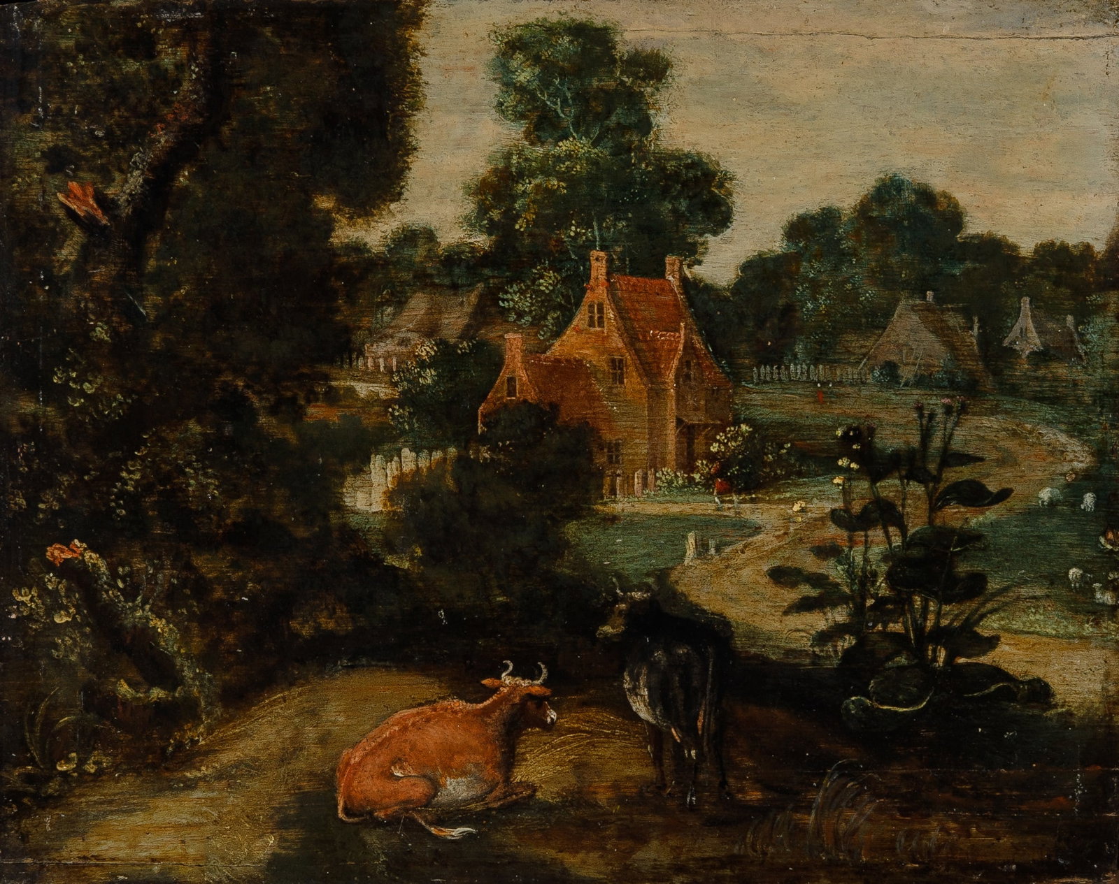 Flemish School: 18th-19th Century Landscape with Two Cows at the Edge of a Village Oil on panel
