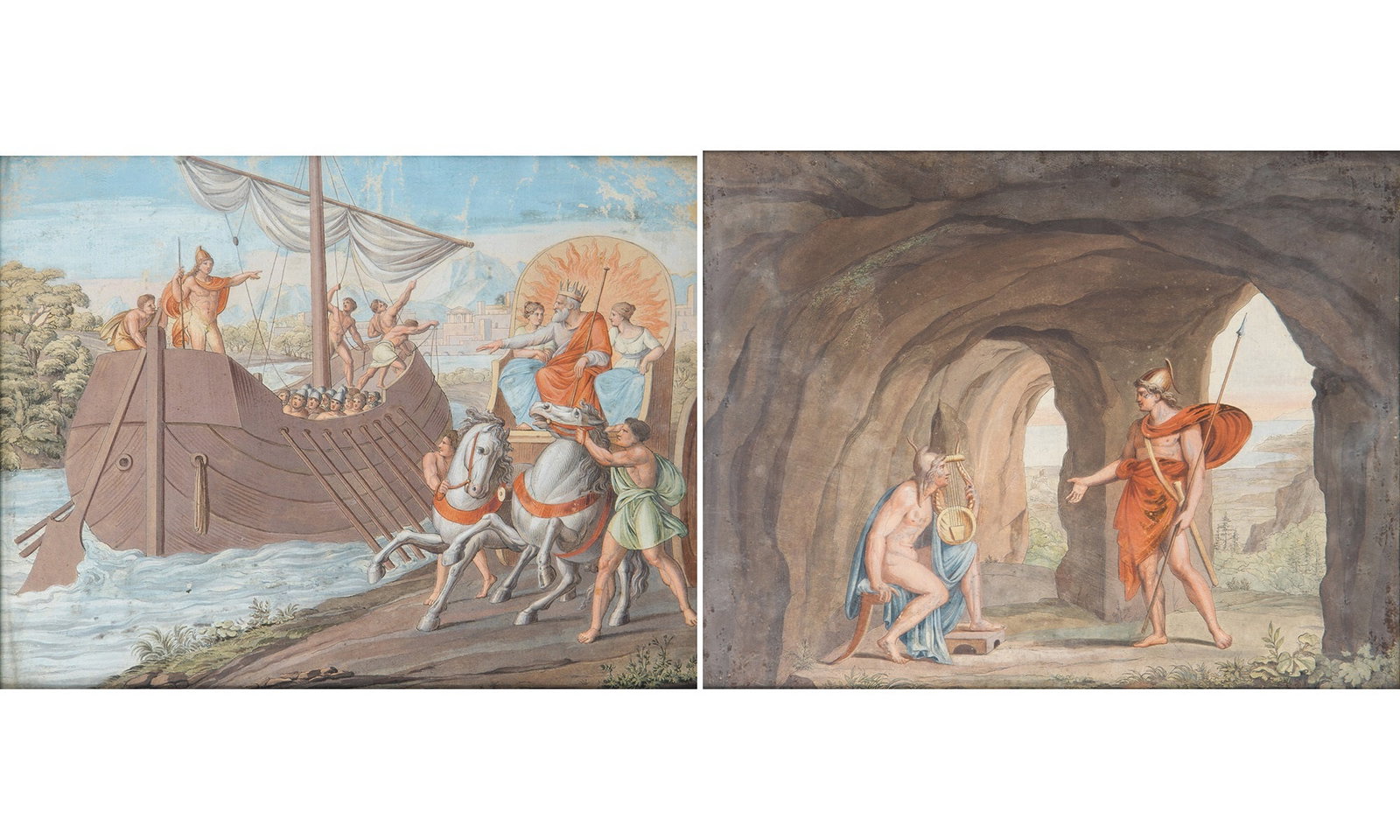 European Neoclassical School: 19th Century A Warrior (Hector?) Visiting Paris on Mount Ida and King Priam Bidding Paris Farewell as he Sets Sails for Sparta: Two incidents leading to the Trojan War Ink, watercolor, and gouache on