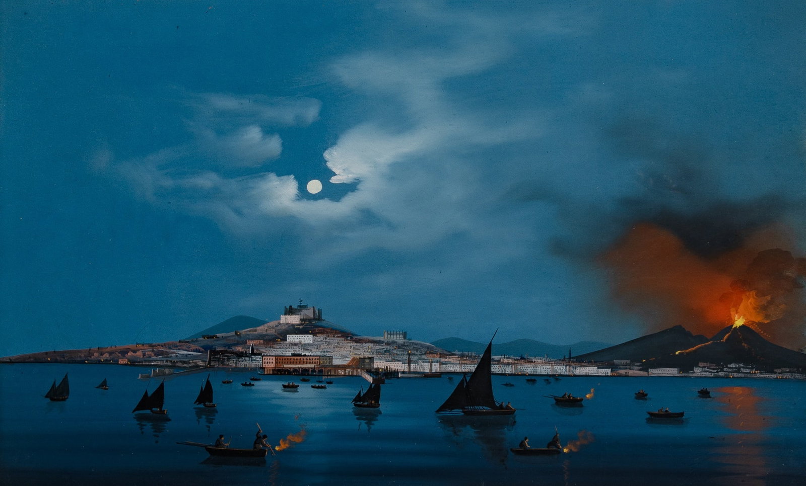 Neapolitan School: 19th Century View of Naples and Mount Vesuvius at Night Gouache on paper Sight 15 x 24 3/4 inches (36 x 62.8 cm) Frame 27 1/4 x 36 3/4 inches (69.3 x 93.4 cm)