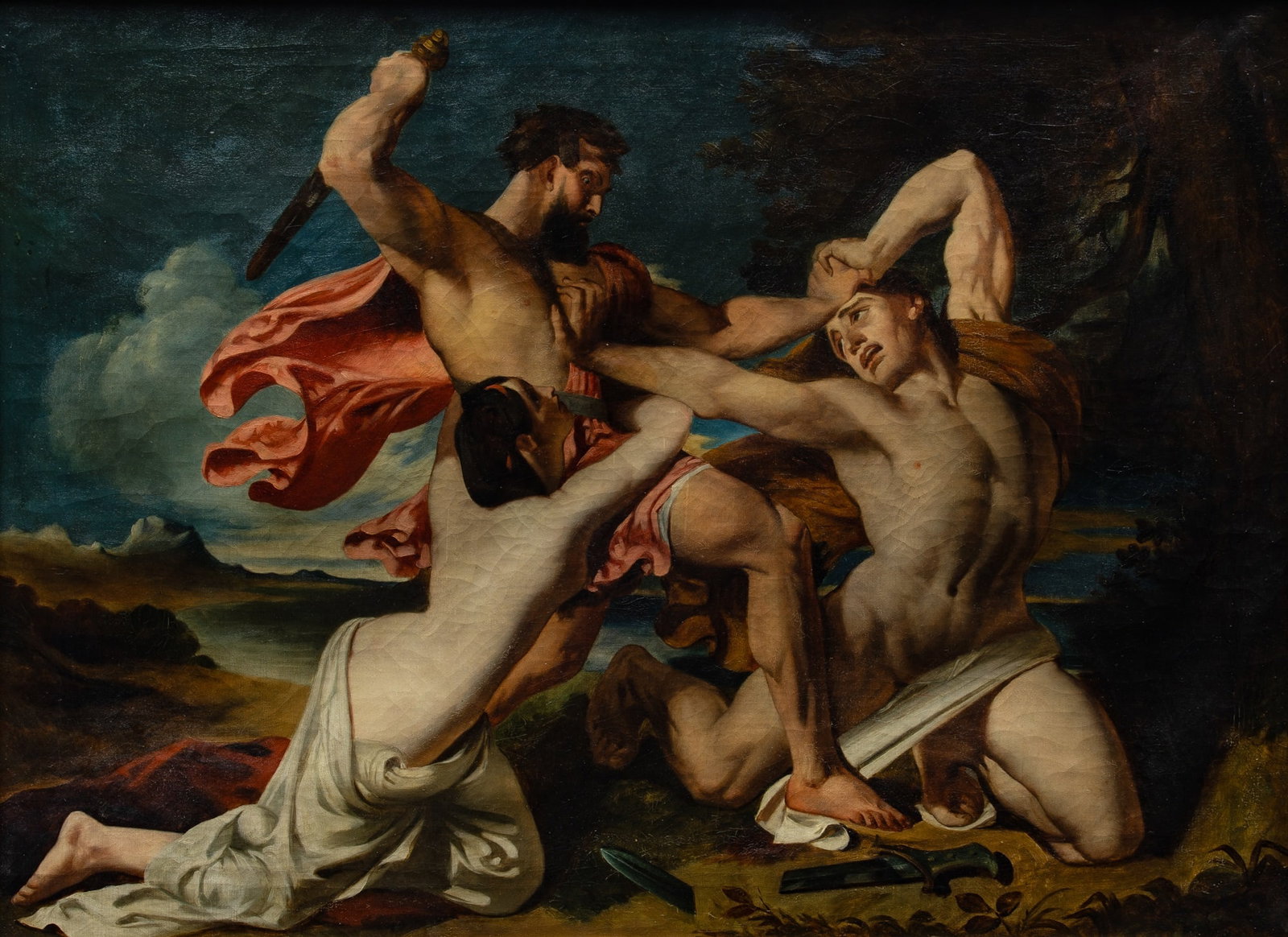 British School: 19th Century The Combat Oil on canvas 34 1/4 x 46 1/4 inches (87 x 117.5 cm) Frame 40 1/4 x 52 1/4 inches (102.2 x 132.8 cm) The original version of this composition, painted in 1825 by William Etty