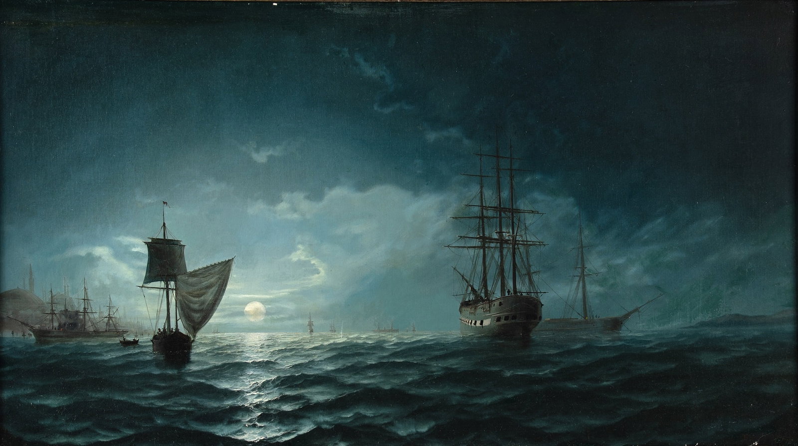Edward Hoyer: British, active circa 1870–1890 Moonlight over Constantinople Signed EDW. HOYER (lr) Oil on canvas 23 7/8 x 42 inches (60.6 x 106.7 cm) Frame 30 1/4 x 48 3/8 inches (76.9 x 123 cm) Provenance: