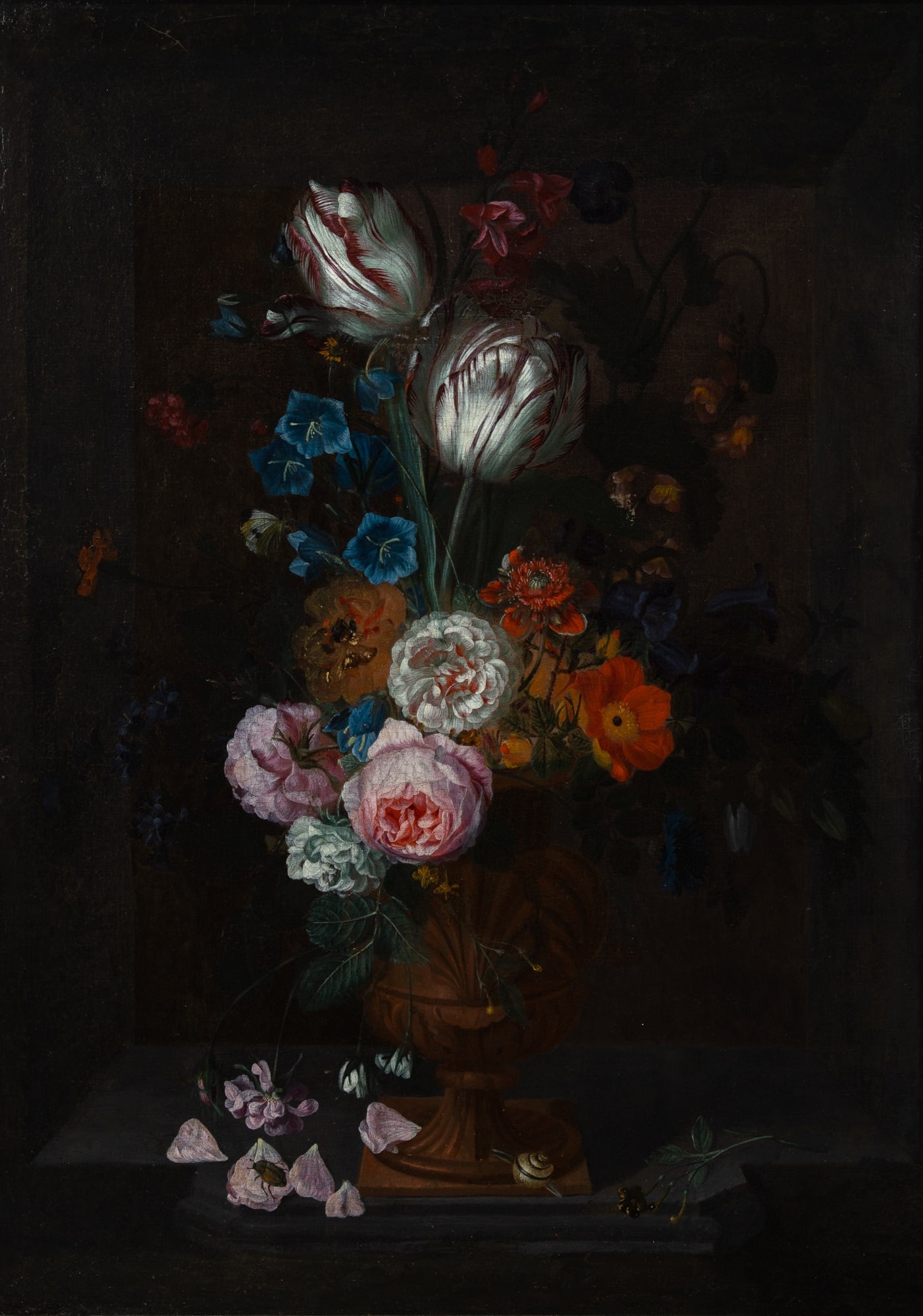 Manner of Justus van Huysum: Still Life of Roses, Tulips, and Other Flowers with a Beetle and a Snail Inscribed Jus . . . Hu . . (lc) Oil on canvas 27 x 20 1/2 inches (68.5 x 52 cm) Frame 31 1/8 x 23 1/8 inches (79 x 59.8 cm)