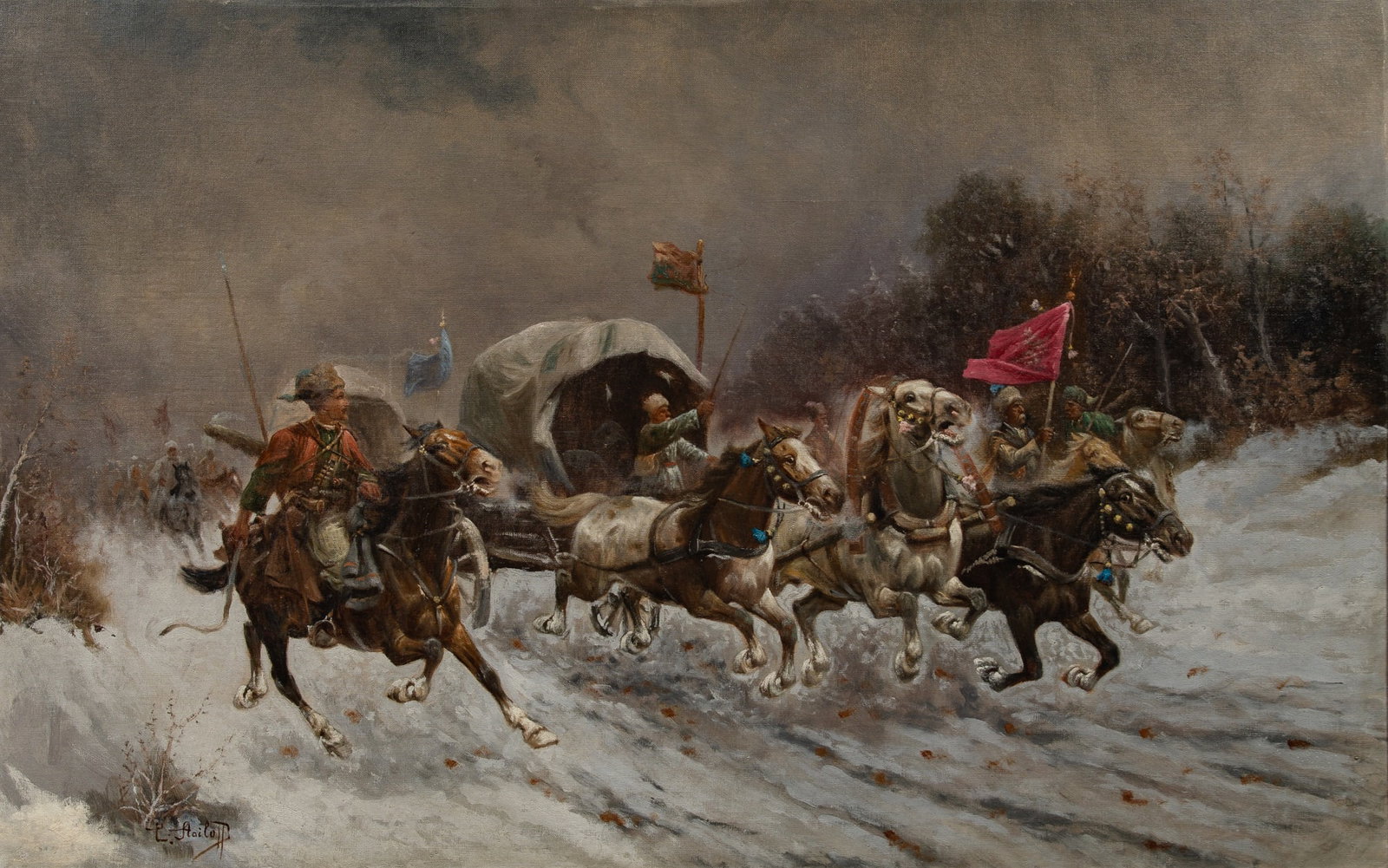 Adolf (Constantin) Baumgartner-Stoiloff: Austrian, 1850-1924 Charge! (Forward!) Signed C. Stoiloff (ll) Oil on canvas 32 x 51 inches (81.3 x 129.5 cm) Frame 40 x 58 5/8 inches (101.7 x 149.5 cm)