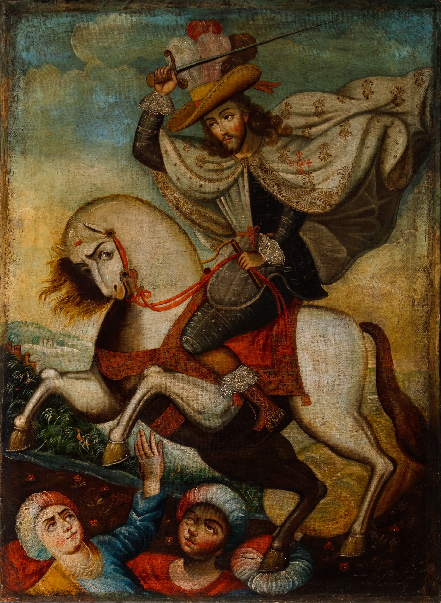 Spanish Colonial Manner: 19th-20th Century Santiago Matamoros (Saint James of Compostela Victorious over the Moors) Oil on canvas 36 3/4 x 27 inches (93.4 x 68.6 cm) Unframed (37 x 27" )
