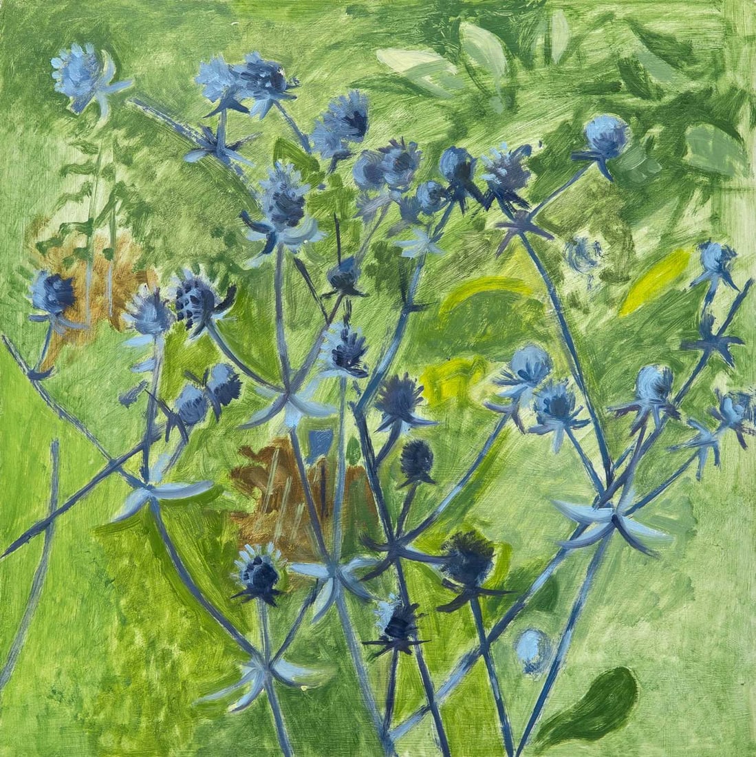 Lois Dodd: American, b. 1927 Sea Holly, 2010 Signed and inscribed on the verso Oil on Masonite 11 1/4 x 11 1/4 inches Provenance: Alexandre Gallery, New York (Framed 12 x 12 inches)