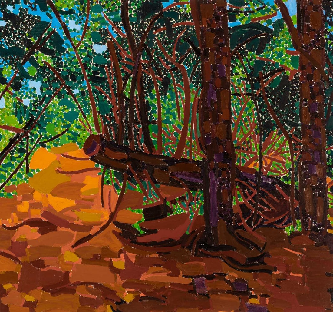 Lynne Drexler: American, 1928-1999 Forest Edge, 1980 Signed and dated Lynne Drexler 1980 and inscribed as titled on the reverse Oil on canvas 30 x 32 inches (76.2 x 81.3 cm) Unframed Provenance: The artist Aldona