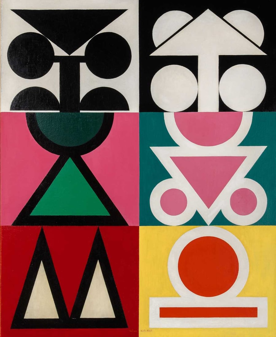 Auguste Herbin: French, 1882-1960 Volcan, 1945 Titled, signed and dated "Volcan" Herbin 1945 (lc) Oil on canvas 39 3/8 x 31 7/8 inches (100 x 81cm) Provenance: Collection of Sofia Imber Collection of Lia and