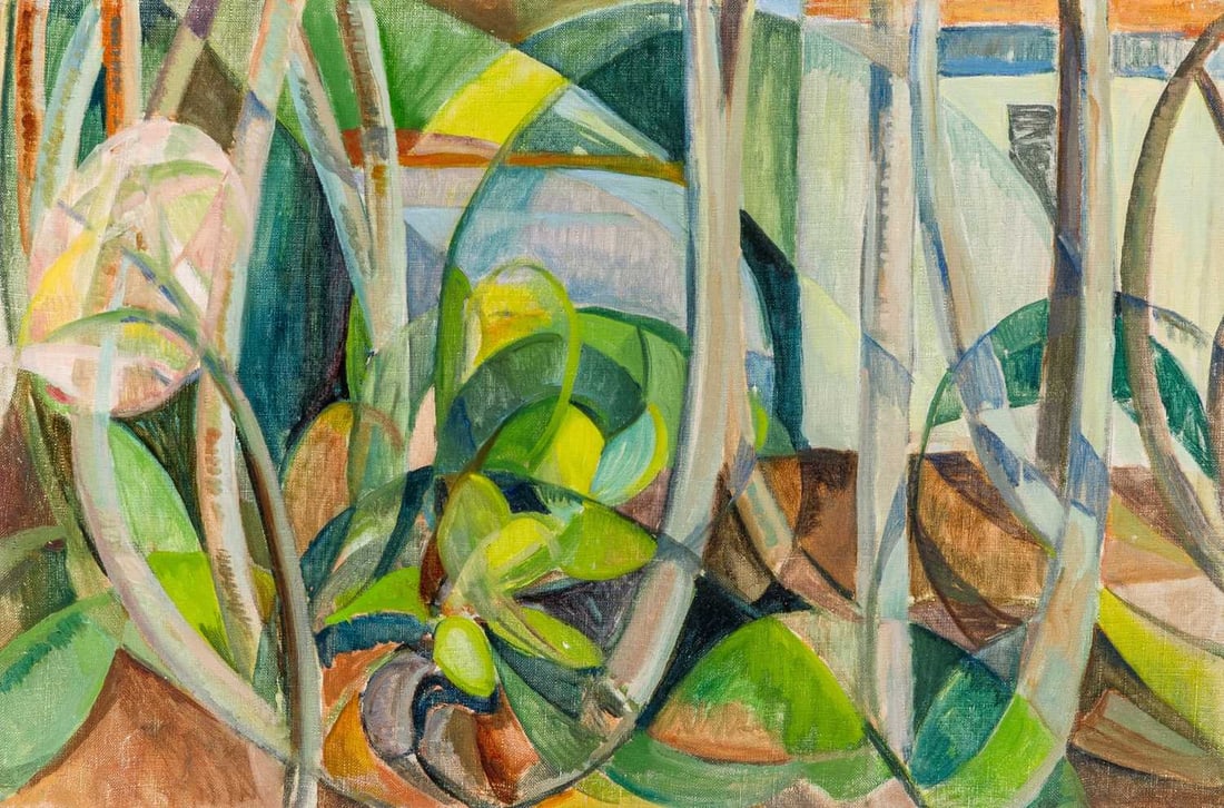 Mary Swanzy: Irish, 1882-1978 Cubist Landscape With Trees, circa 1927 Oil on canvas 16 3/4 x 25 1/4 inches (42.5 x 64.1 cm) Provenance: The artist; thence by descent in the family Sale, Christie's, Dublin, Nov.