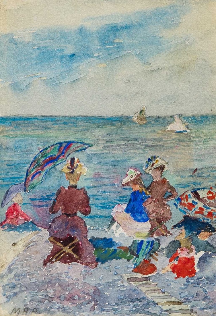 Maurice Brazil Prendergast: American 1858-1924 Figures on the Beach, circa 1892-94 Initialed M B R (ll); inscribed Keep those 2 / keep / valuable to no one but / my self on the reverse Watercolor and pencil on paper 10 x 7