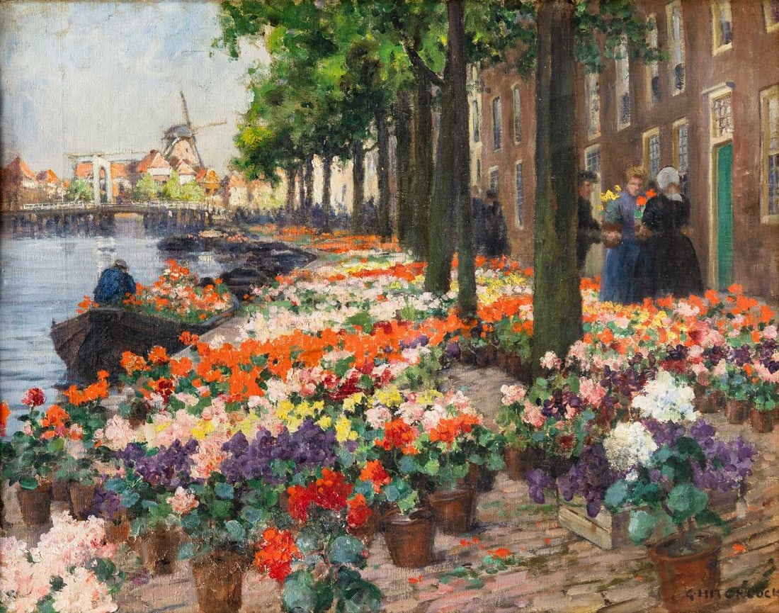 George Hitchcock: American, 1850-1913 Flower Market on the Canal Signed G. Hitchcock (lr) Oil on canvas 17 3/8 x 22 1/4 inches (44.1 x 56.5 cm) (Framed 23 3/4 x 28 1/4 inches)