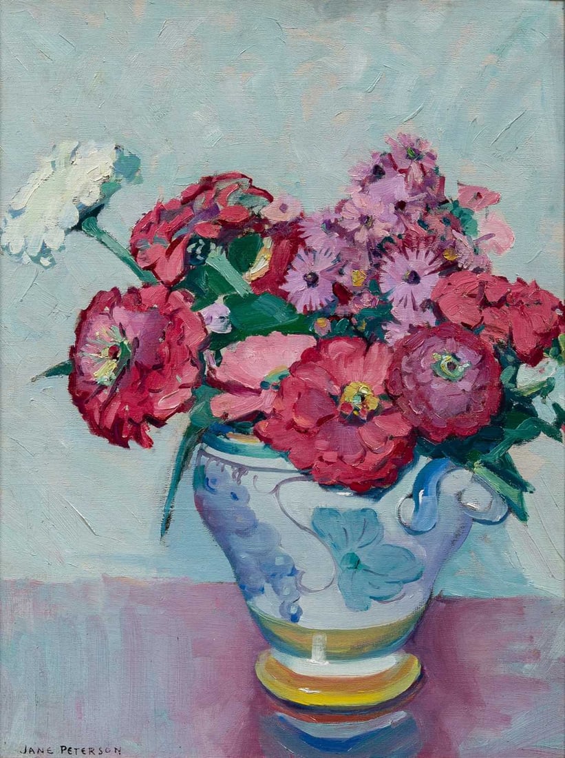 Jane Peterson: American 1876-1965 Zinnias and Daisies Signed Jane Peterson (ll) Oil on canvas board 23 1/2 x 18 inches (59.7 x 45.7 cm) (Framed 33 1/2 x 28 inches)