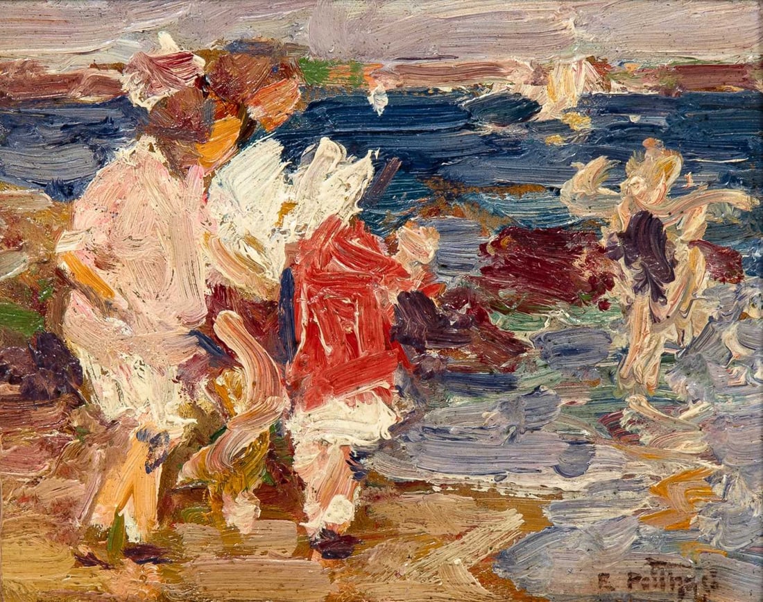 Edward Henry Potthast: American, 1857-1927 Beach Scene Signed E Potthast (lr) Oil on card 5 1/4 x 6 3/4 inches (13.3 x 17.1 cm) Provenance: Beacon Hill Fine Art, New York (Framed 10 1/4 x 11 3/4 inches)