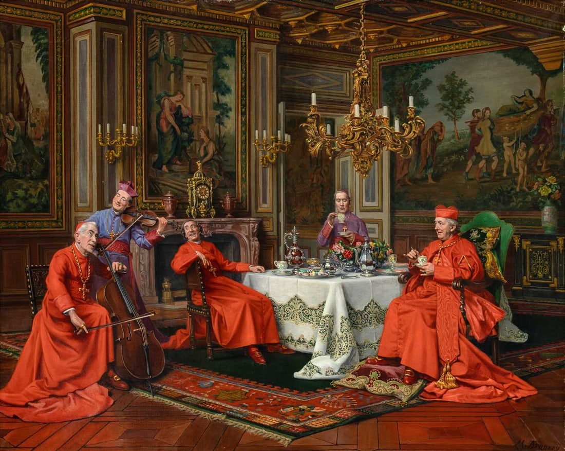 Marcel Brunery: French, 1893-1982 The Eminent Duet Signed M. Brunery (lr) Oil on canvas 25 5/8 x 32 inches (65 x 81.3 cm) Provenance: Sale, Christie's, New York, Feb. 28, 1991, lot 14 (Framed 34 1/2 x 40 1/4 inches)
