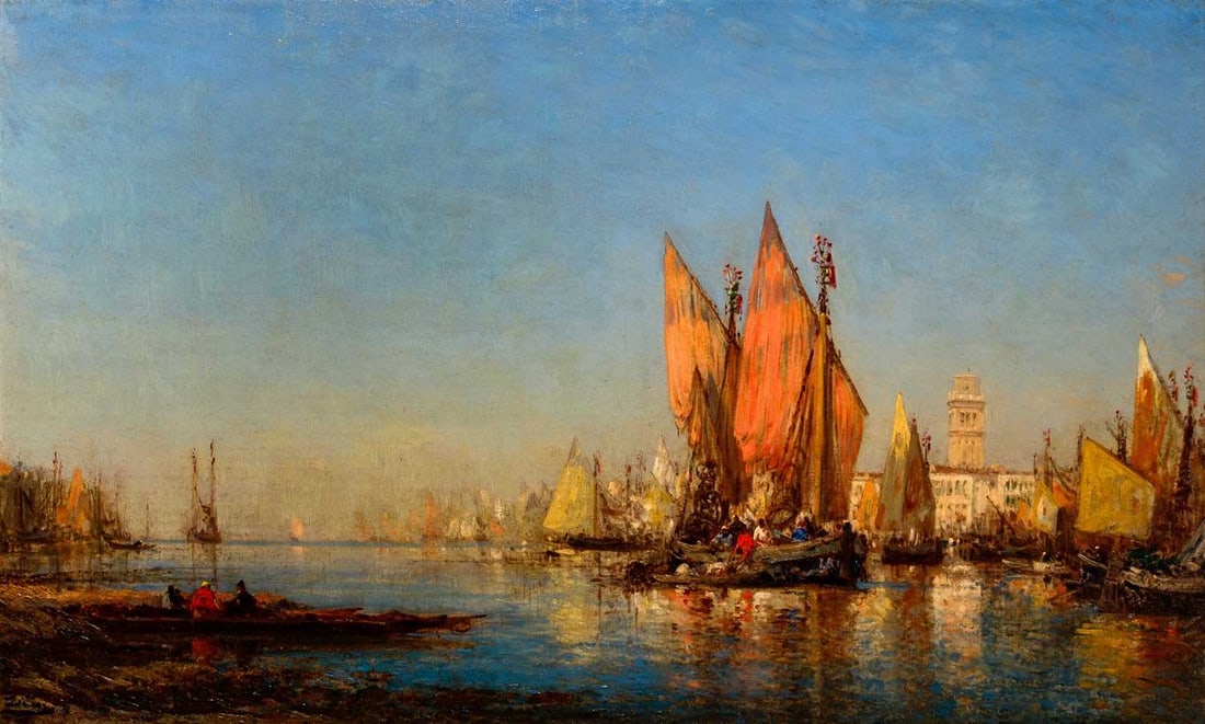 Felix François Georges Philibert Ziem: French, 1821-1911 Venetian Harbor Signed Ziem (ll) Oil on canvas 27 x 44 1/2 inches (68.6 x 113 cm) Provenance: Collection of Mrs. J. J. Hicks, Hotel Touraine, Boston With Hammer Galleries