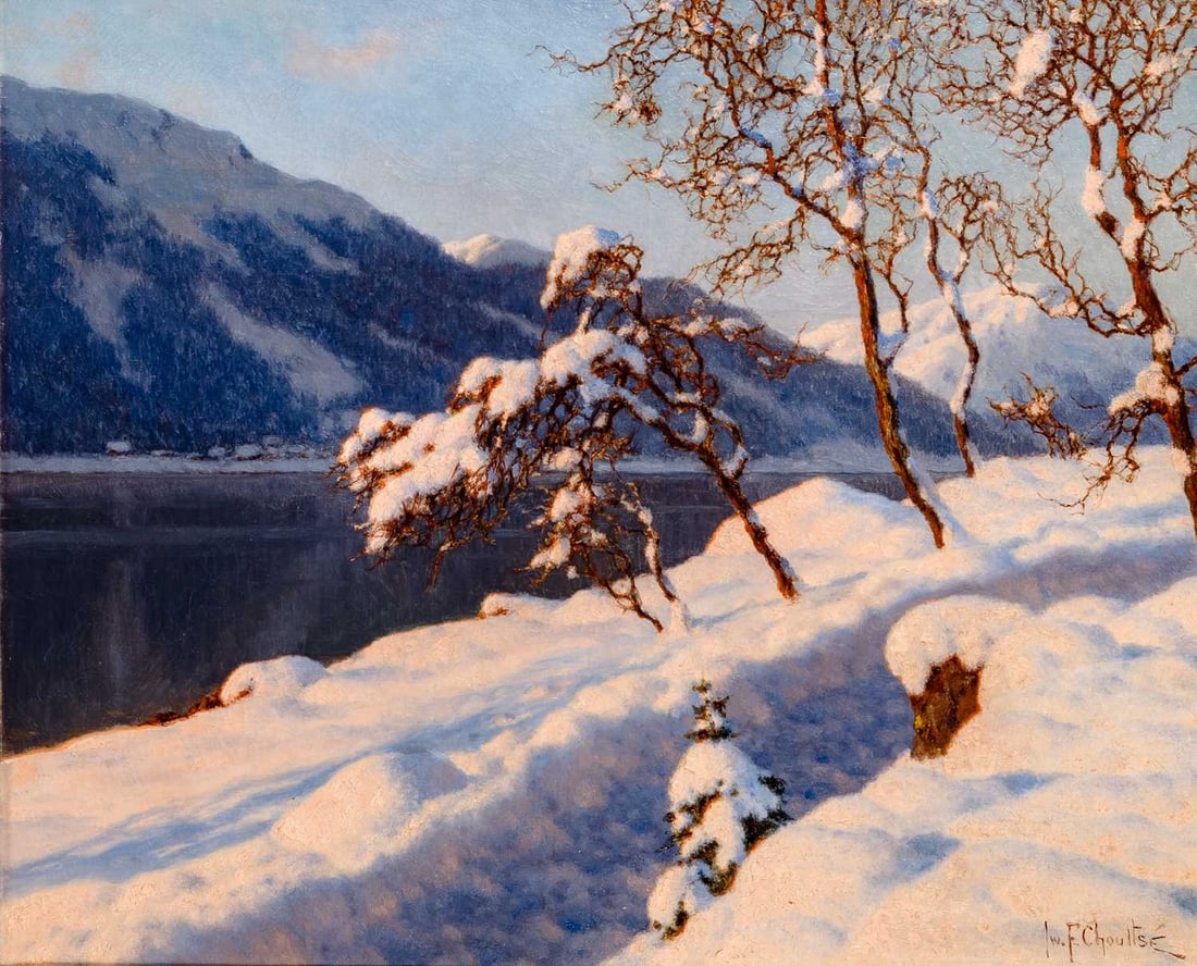 Ivan Fedorovich Choultsé: Russian, 1874-1939 Soir de Décembre (Suisse) Signed Iw. F. Choultsé (lr); inscribed as titled on the stretcher Oil on canvas 19 5/8 x 23 3/4 inches (49.8 x 60.3 cm) Provenance: Herbert