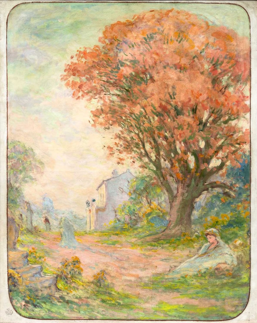 Claude Emile Schuffenecker: French, 1851-1934 Un Matin d'Automne en Ile de France, circa 1890 Stamped with the artist's atelier stamp (ll); signed and numbered J. Schuffenecker 260 on the reverse; inscribed l'arbe rose on a