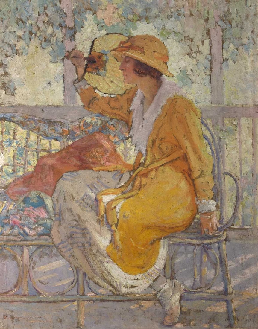 Dawson Dawson-Watson: English/American 1864-1939 On the Veranda, 1917 Signed Dawson-Watson and dated 1917 (ll), inscribed To my wife, May 30. 19. Oil on canvas 30 x 23 1/2 inches (76.2 x 59.7 cm) Provenance: Spanierman