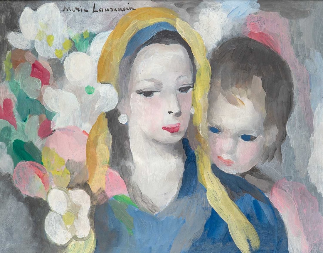 Marie Laurencin: French, 1883-1956 Fleurs, Femme et Enfant Signed Marie Laurencin (ul) Oil on canvas 13 x 16 1/8 inches (33 x 41 cm) Provenance: Private collection, acquired at a gallery in Paris, circa 1950 Dr.