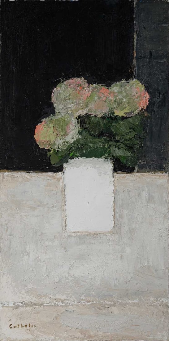 Bernard Cathelin: French, 1919-2004 Nature Morte Noire et Grise aux Hortensias, I, 1995 Signed and dated Cathelin/ 95 (ll); inscribed as titled, signed and dated ETE 1995 on the reverse Oil on canvas 39 1/4 x 19 1/2