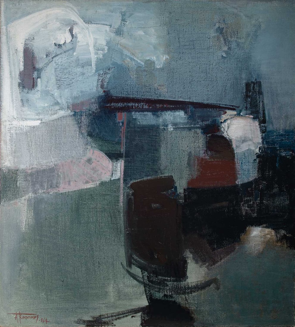 Alex (Alecos) Kontopoulos: Greek, 1904-1975 Like at Dawn, 1964 Signed and dated A. Kontopoulos 964 (ll) and signed and titled on the verso Oil on burlap 43 3/4 x 39 1/2 inches (111.1 x 100.3cm) Provenance: Forsythe Gallery,